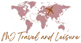 Logo of "MJ Travel and Leisure" featuring a pink world map with an airplane and heart graphic.